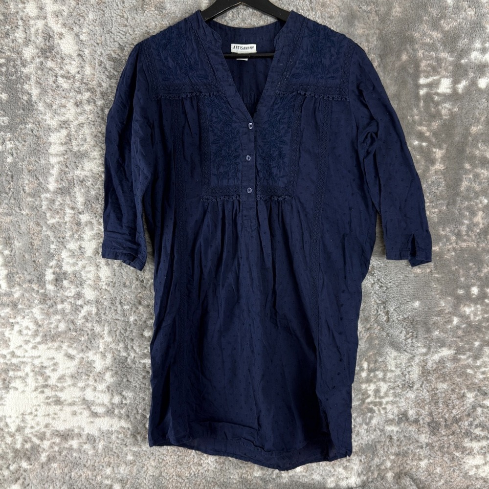 Artisan NY Size S Floral 1/4 Button V Neck Tunic Top Dress Navy 3/4 Sleeve